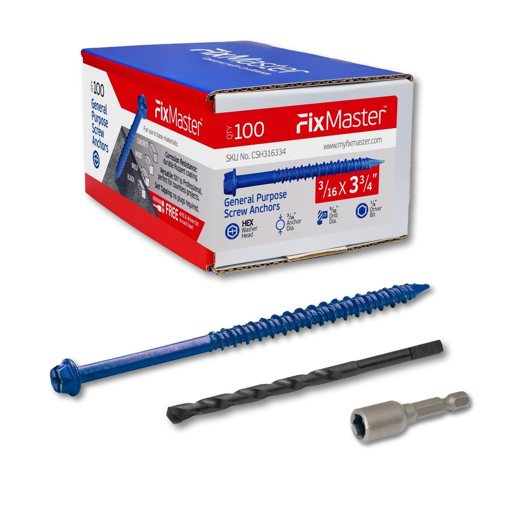 3/16 x 3-3/4 Inch Blue Hex Head Concrete Screw Anchors Kit 100 pcs with Washers