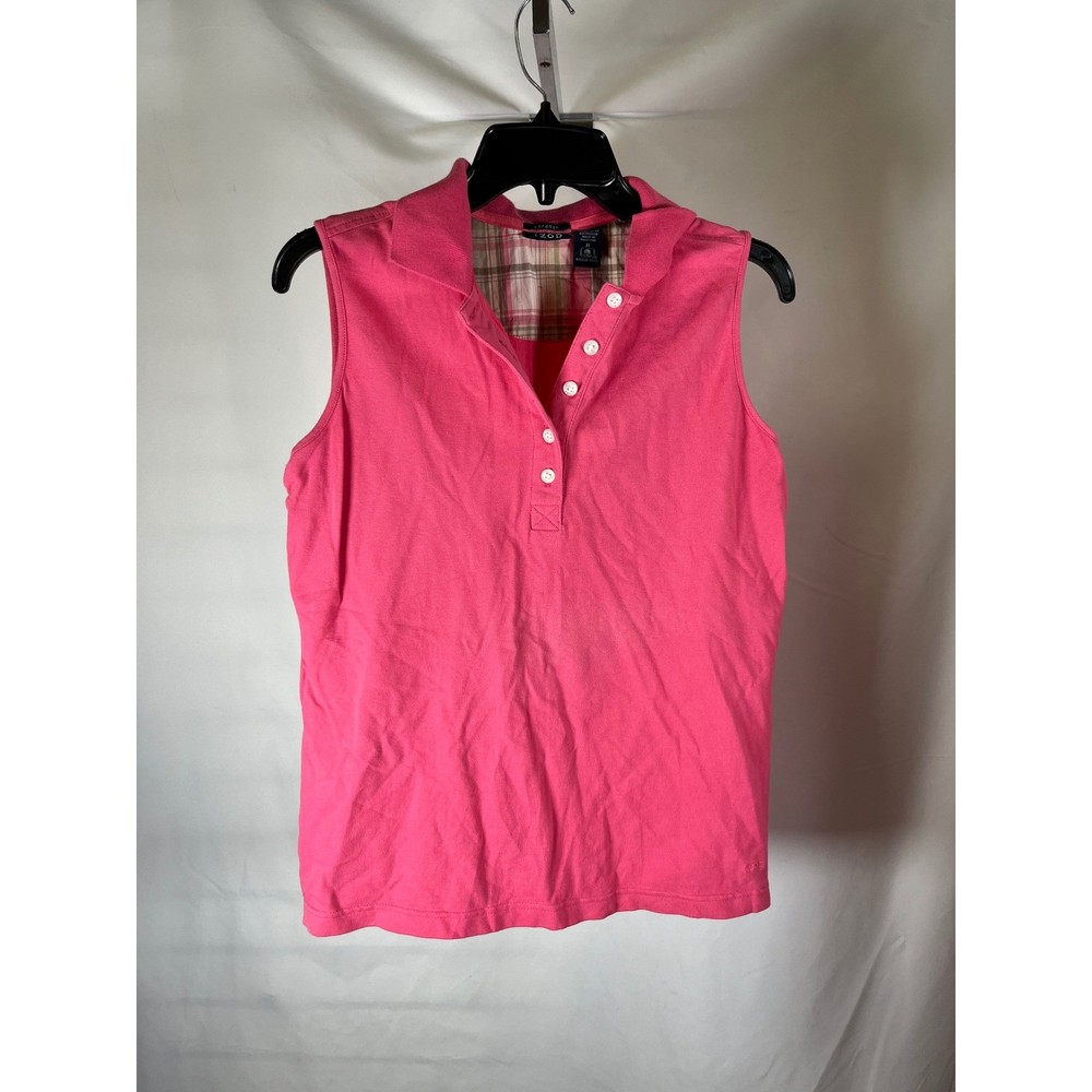 IZOD Womens Sleeveless Polo Shirt Pink Stretch Pique Plaid Trim Medium