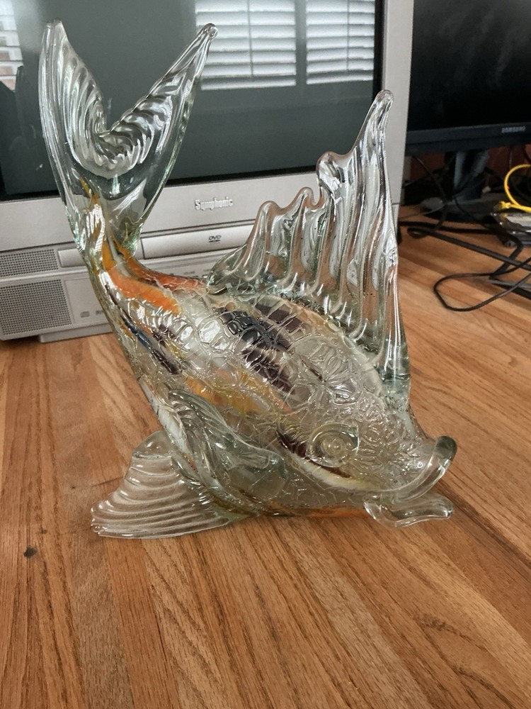Mid Century Murano Glass Large Fish Sculpture with Brown Stripes, White & Orange