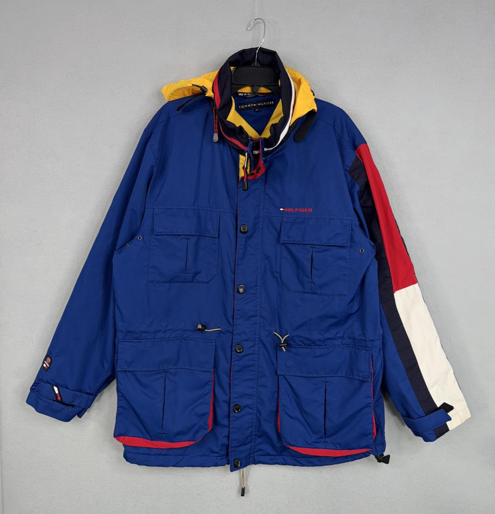 Vintage Tommy Hilfiger Jacket Mens XL Blue Hooded Parka Waterstop Sailing 90s