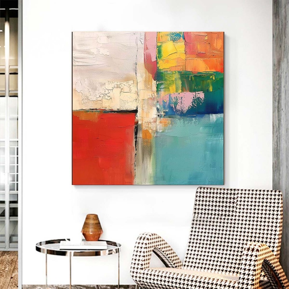 Blue Abstract Oil Painting Thick Textured Hand Painted On Canvas Wall Art Orange