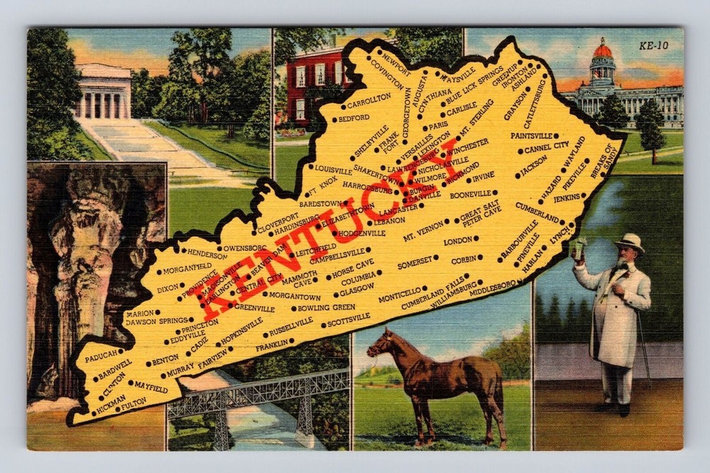 KY-Kentucky, General Greetings Map And Landmarks, Antique, Vintage Postcard