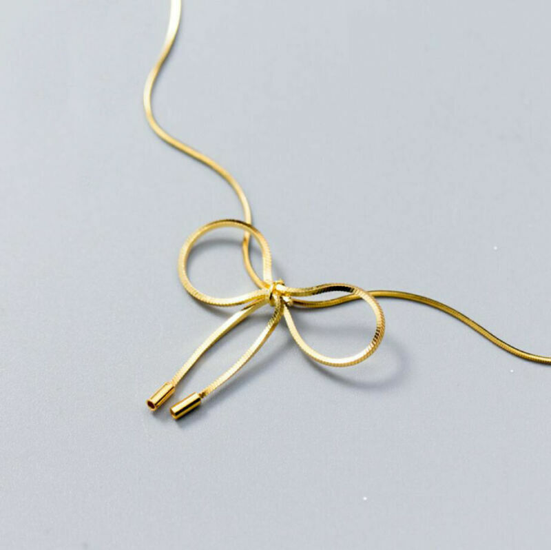 925 Sterling Silver Bow Knot Choker Short Necklace 13