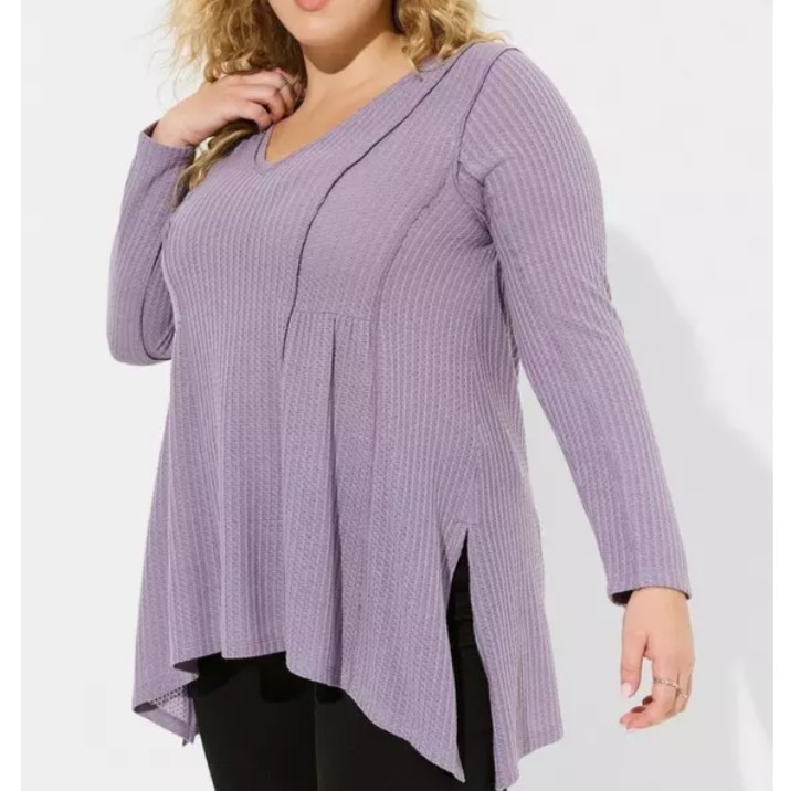 Torrid Waffle Knit Long Sleeve Top Black V-Neck Sharkbite Hem Casual Top Size 2