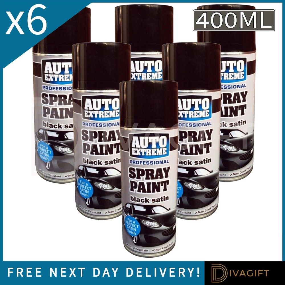 6 x BLACK SATIN SPRAY PAINT 400ML AEROSOL CAN AUTO EXTREME FOR CAR METAL WOOD