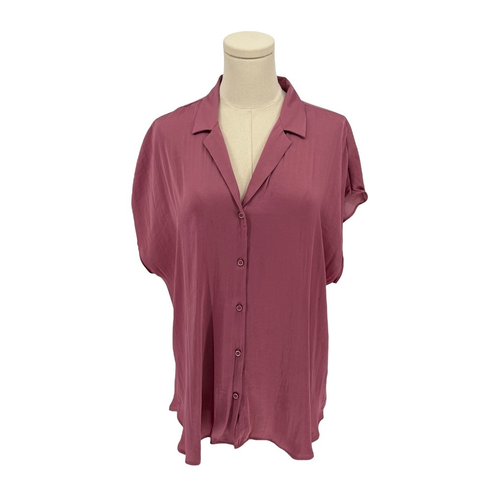 Nine West Women XL Pink Button Up Collared Short Sleeve Blouse Shirt Top