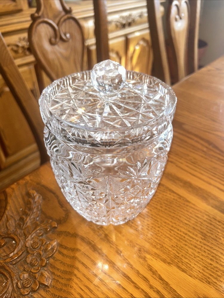 Heavy Lead Crystal Biscuit Barrel Jar With Lid Covered 7” Exc.con.