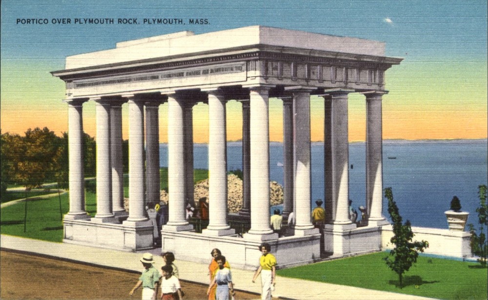Portico over Plymouth Rock Plymouth Massachusetts MA ~ 1940s vintage postcard