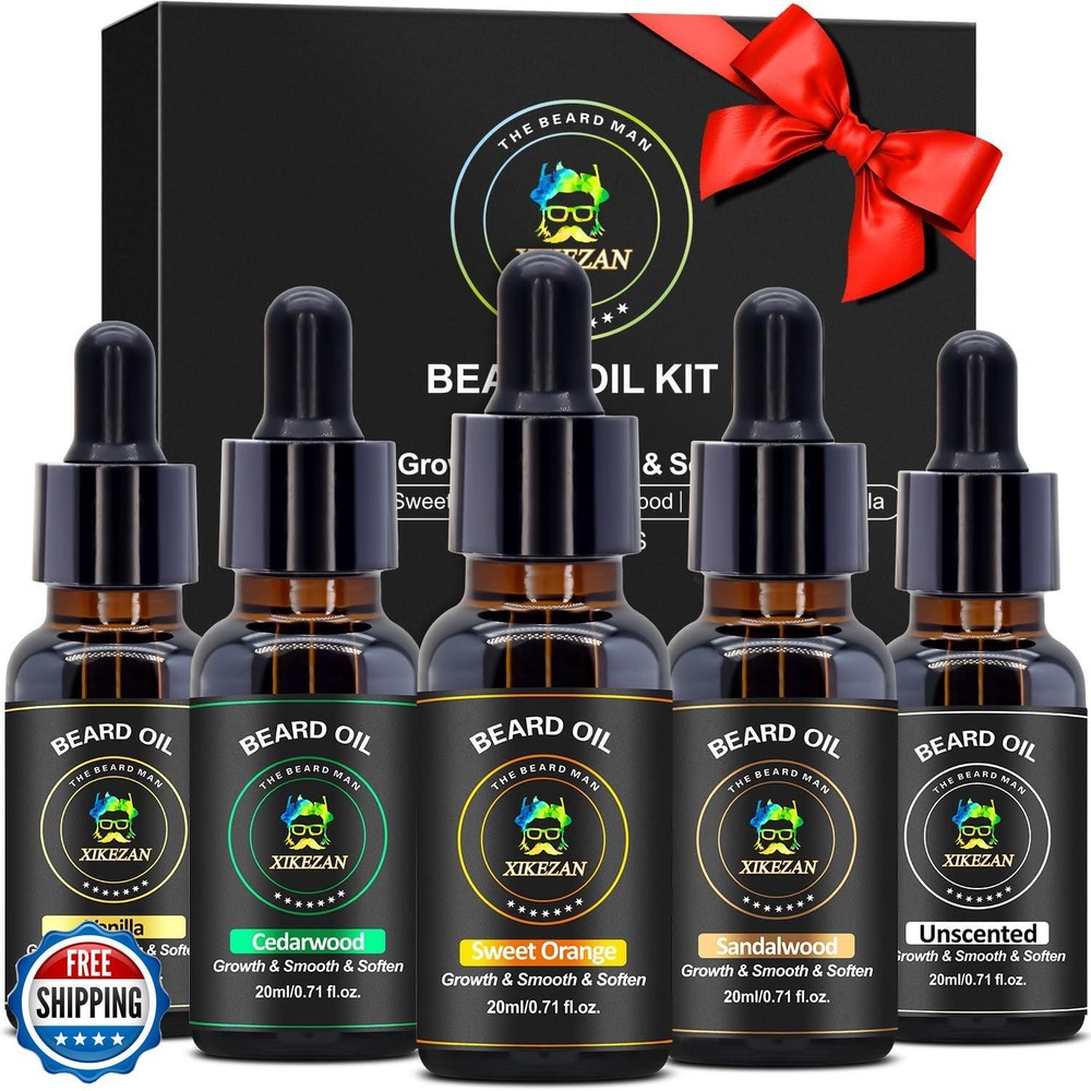5 Pack Beard Oil Set with Sandalwood Orange Vanilla Cedarwood for Men