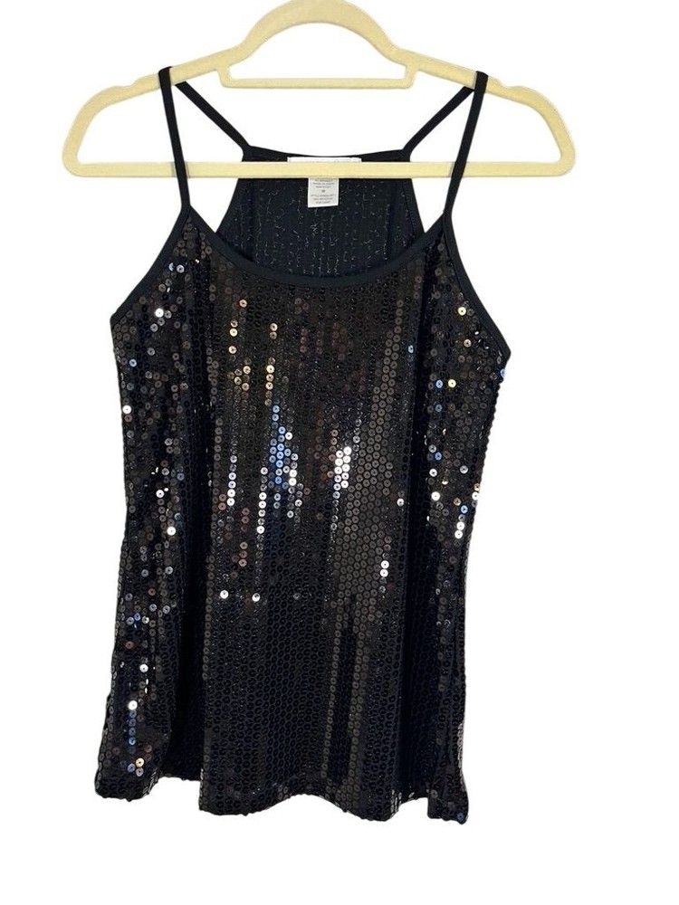 Charlotte Russe Sequin Tank Top Black M Y2K Neutral Glam Chic Shiny Feminine 80s