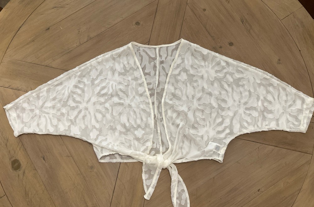 White Lace Tie Front Cardigan Size M Sheer Open Knit Top