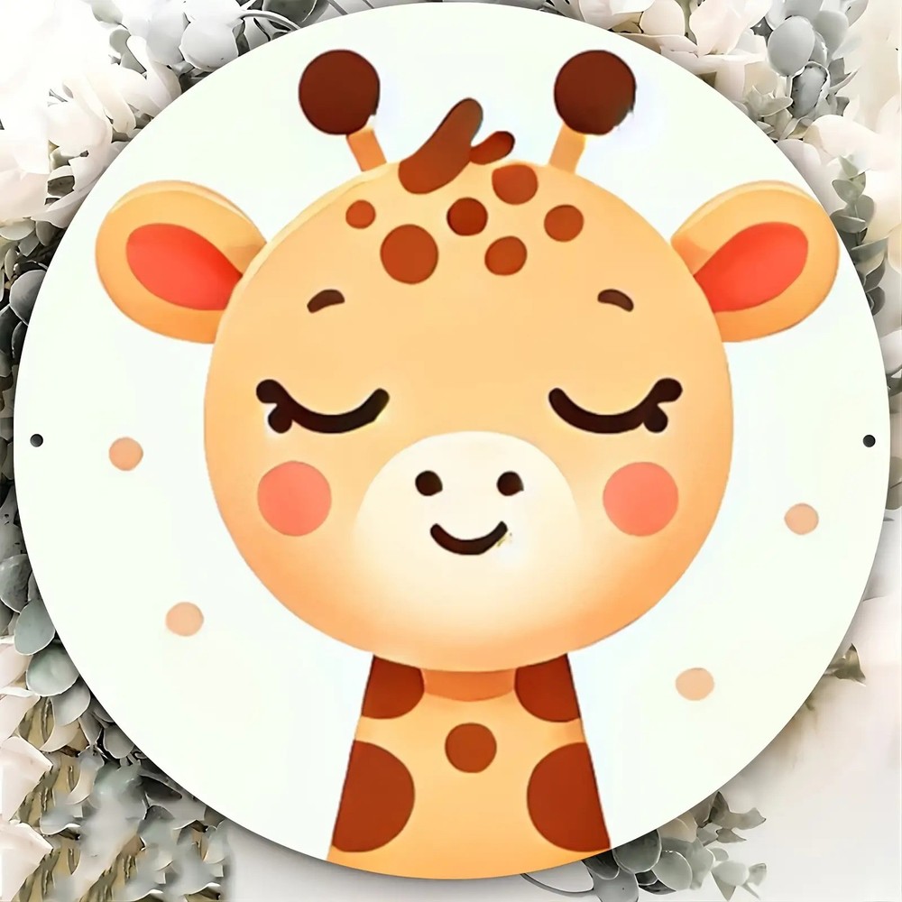 Whimsical Giraffe Illustration Round Aluminum Sign for Decor