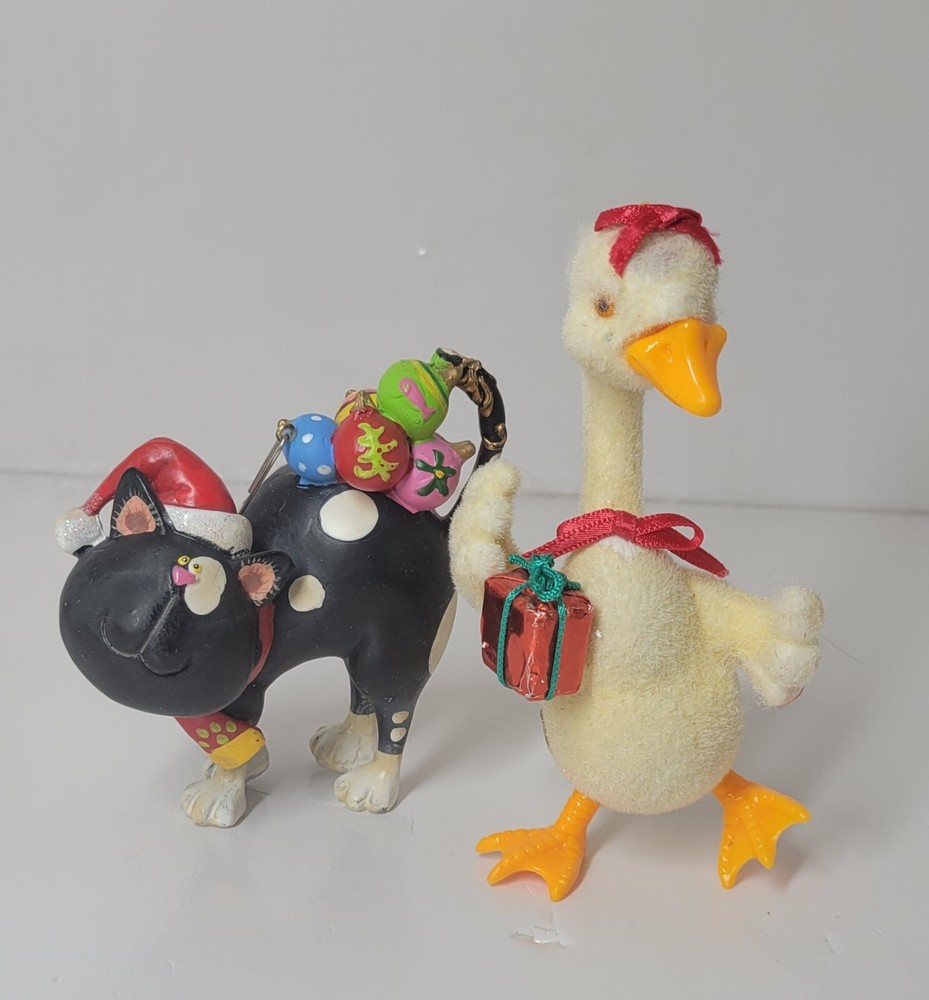 Vintage Christmas Cat & Duck Ornament Lot
