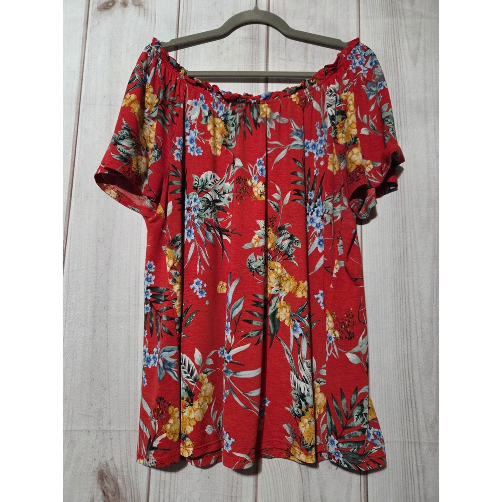 Naif Womens Red Floral Off The Shoulder Ruffle Top Plus Size 1X Short Sleeve