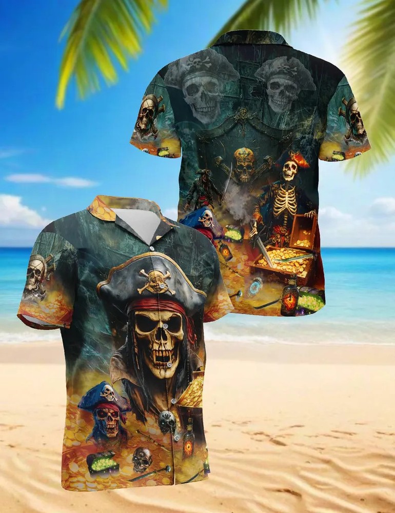 Pirate Skeleton Hawaii Shirt Mens Beach Vacation Aloha Summer