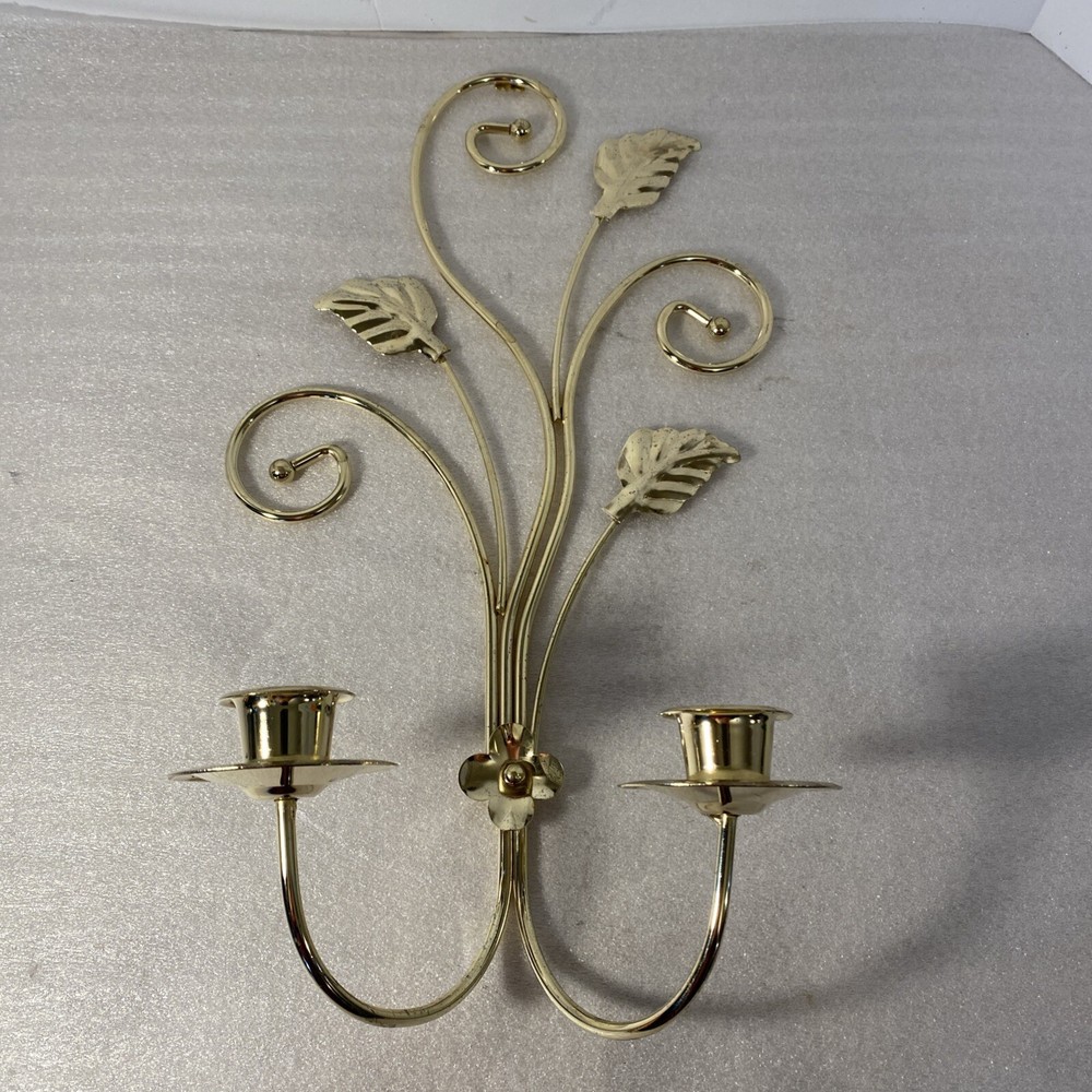 Vtg Homco Home Interior Brass MCM Leaf Wall Sconce Candleholder Scroll Leaves