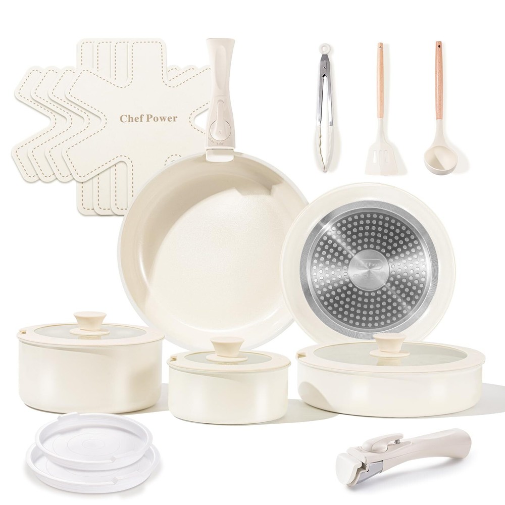 Non Toxic Ceramic Cookware Set with Detachable Handles & Healthy Nonstick Coating