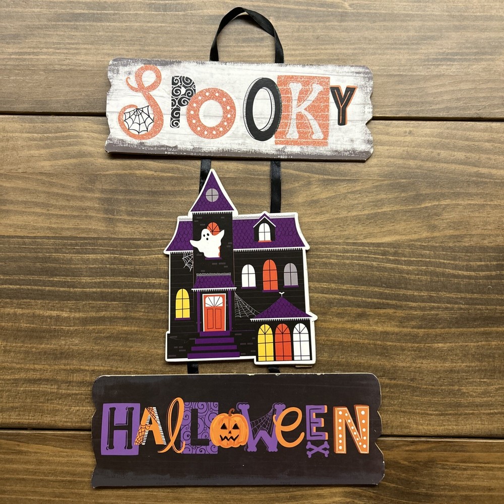 Halloween Decoration Door Hanging Sign Spooky Trick Or Treat Fall Ghost Candy