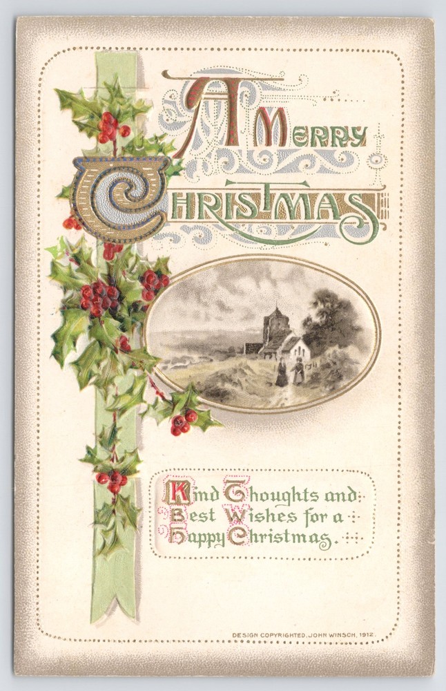 Holiday~Holly & Church Building Kind Thoughts & Best Wishes~Vintage Postcard
