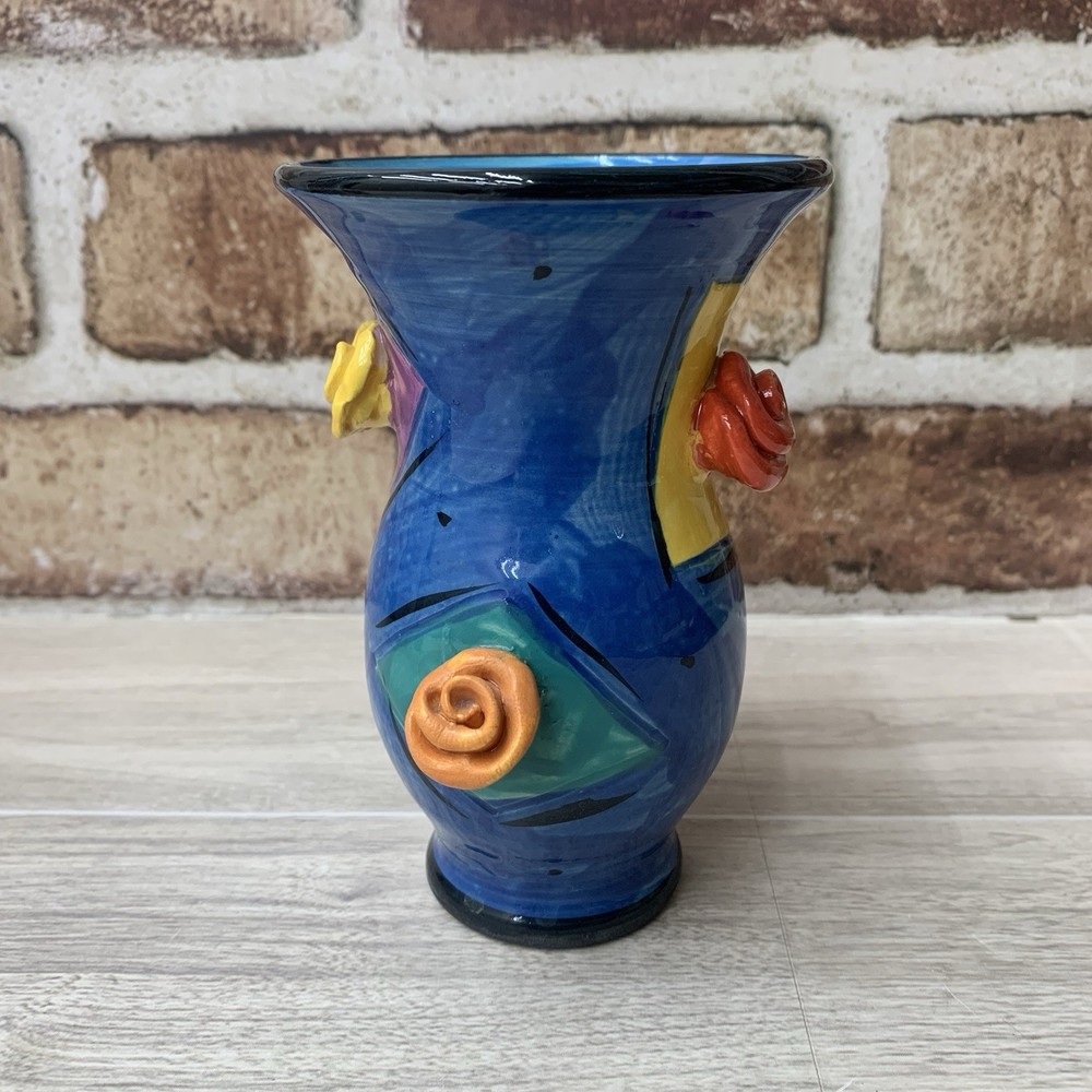 Mary Rose Young England Studio Pottery Blue Multicolor Rose Vase 5” Signed