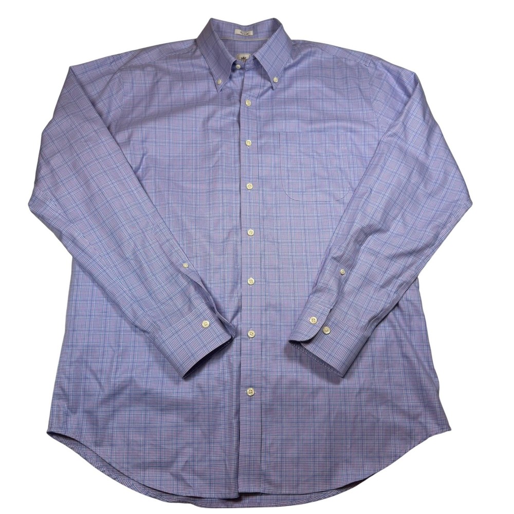 Peter Millar Nanoluxe Easy Care Mens Large Purple Blue Plaid Button Down Shirt