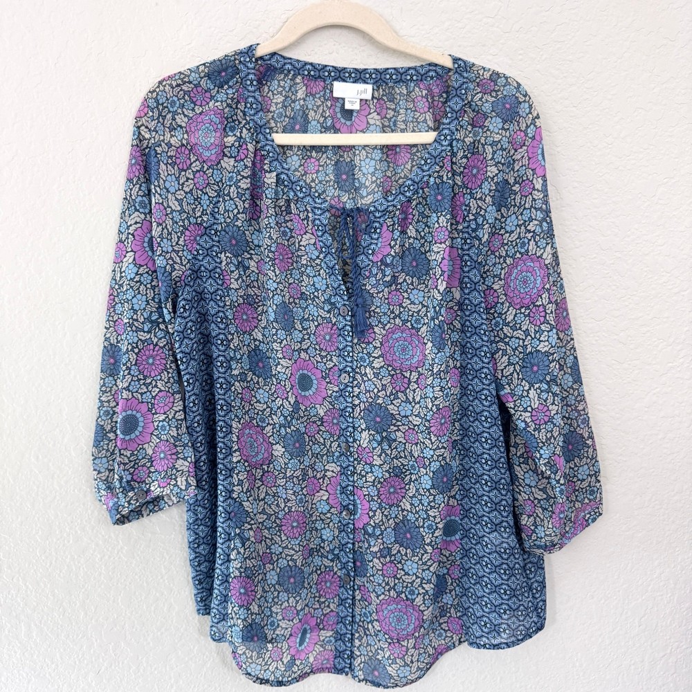 J. Jill Womens Blouse Top Size M Floral Flowy Sheer Boho Feminine Blue