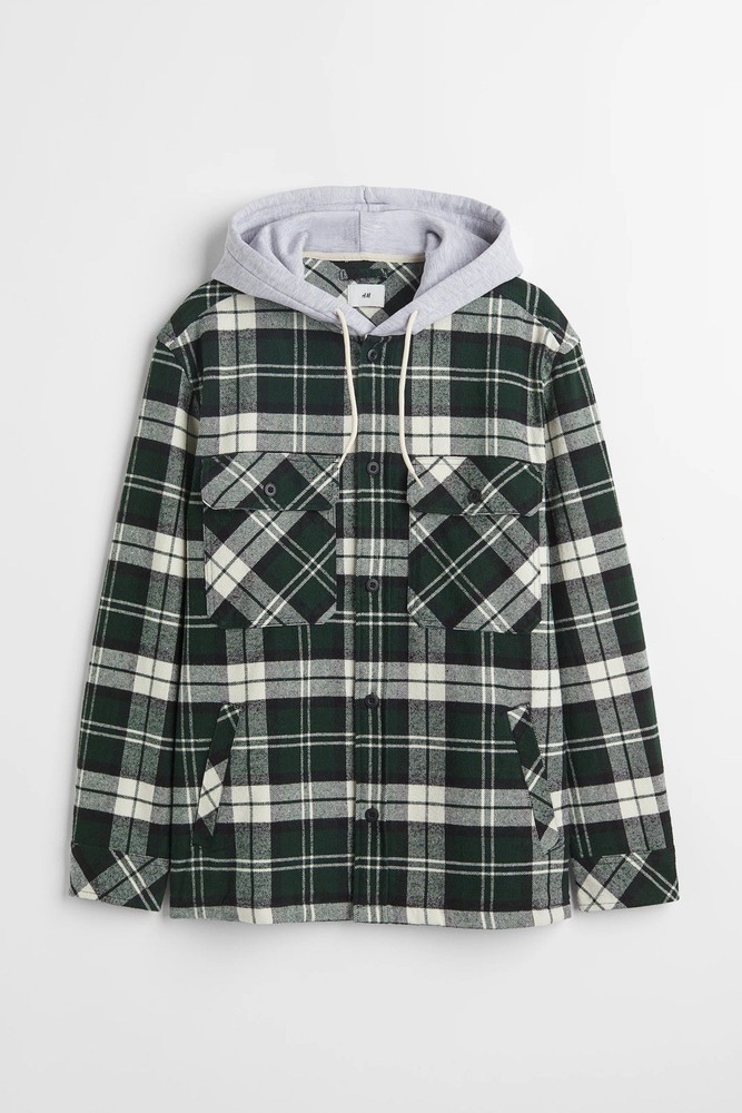 Men’s Flannel Jacket H&M Dark Green and White Plaid with Grey Hoodie- Size M