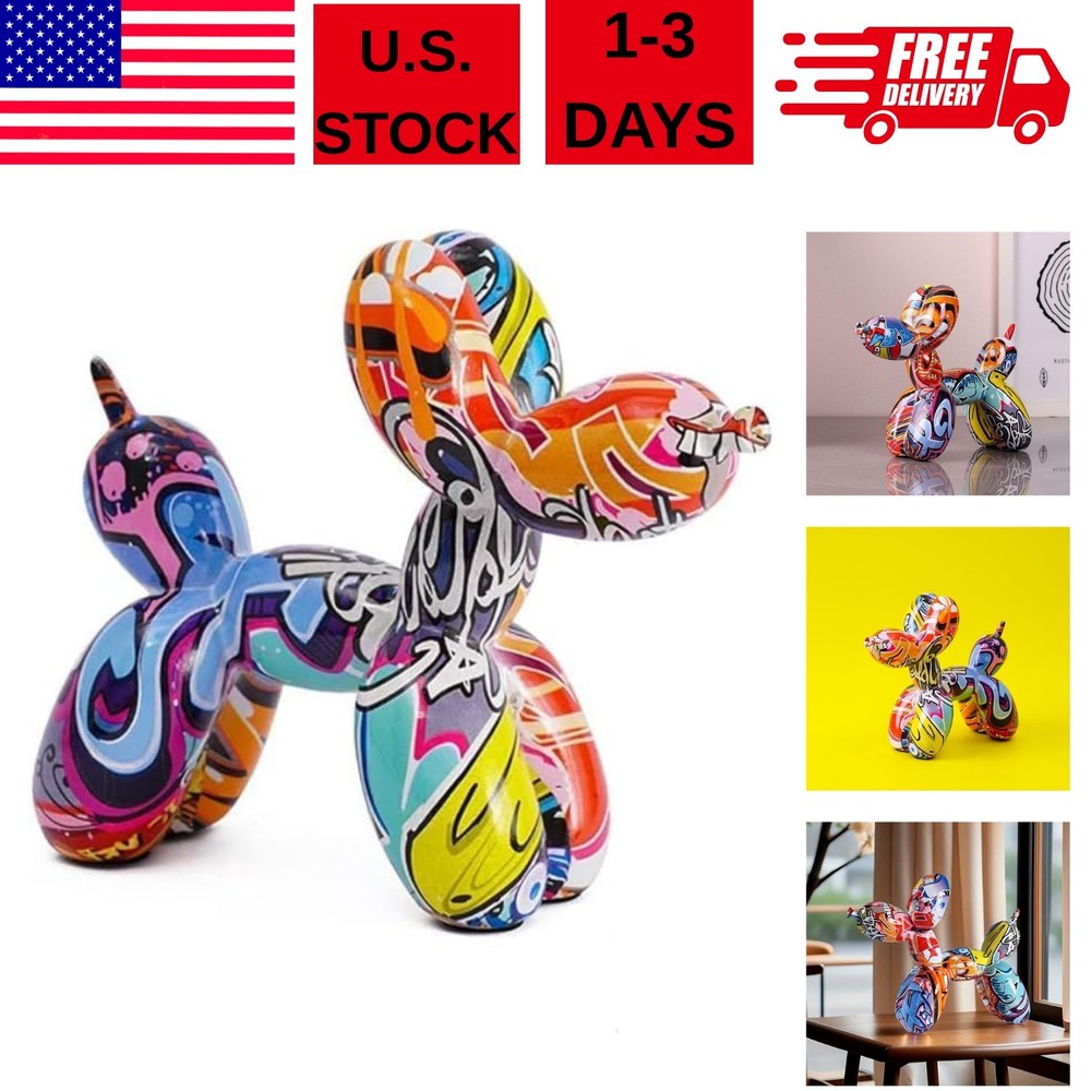 Graffiti Balloon Dog Statue, Modern Pop Art Sculpture, Multicolor Resin Home Dec
