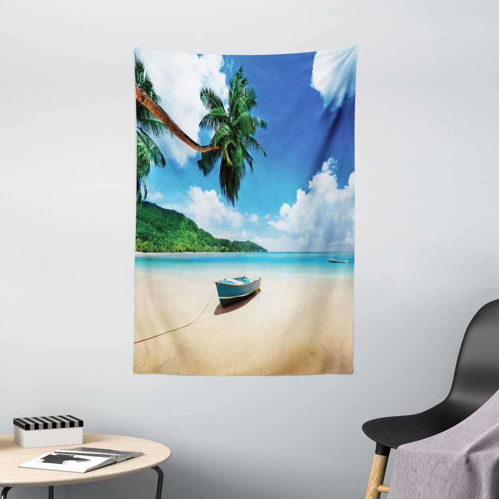 Ocean Tapestry Boat on Beach Mahe Island Print Wall Hanging Decor