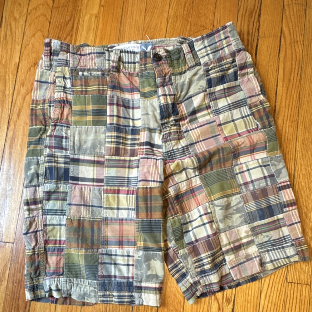 American Eagle Outfitters Patchwork Plaid Bermuda Shorts Multicolor Men Pockets