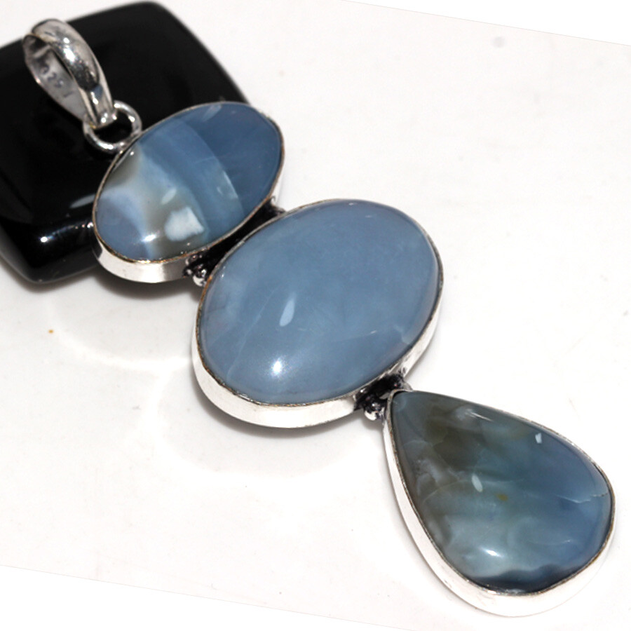 925 Silver Plated Owhyee Blue Opal Ethnic Long Pendant Jewelry Size 3