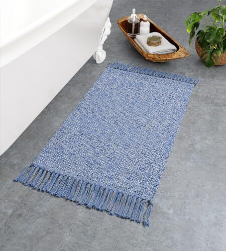 Small Bathroom Rug, 2' x 3' Hand-Woven Low Profile Front 2' X 3' Navy Blue