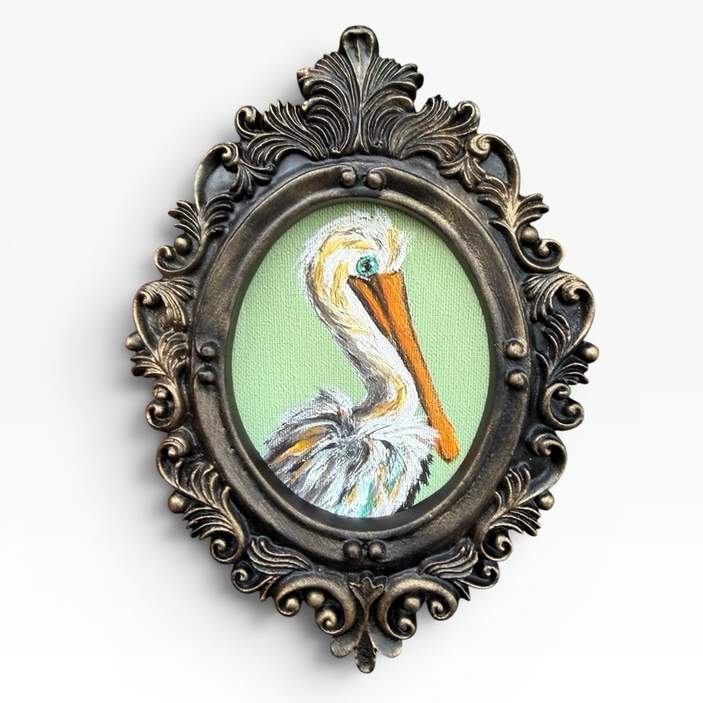 Pelican mini watercolor bird print of original painting • vintage ornate frame