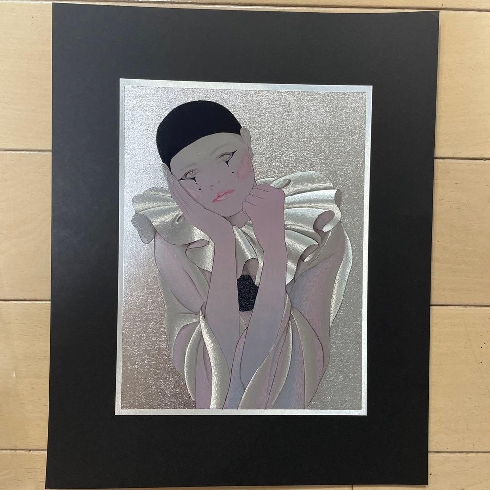 Japanese Woodblock Print Milano Fujita Vintage Clown Foil ed Art Painting Circus
