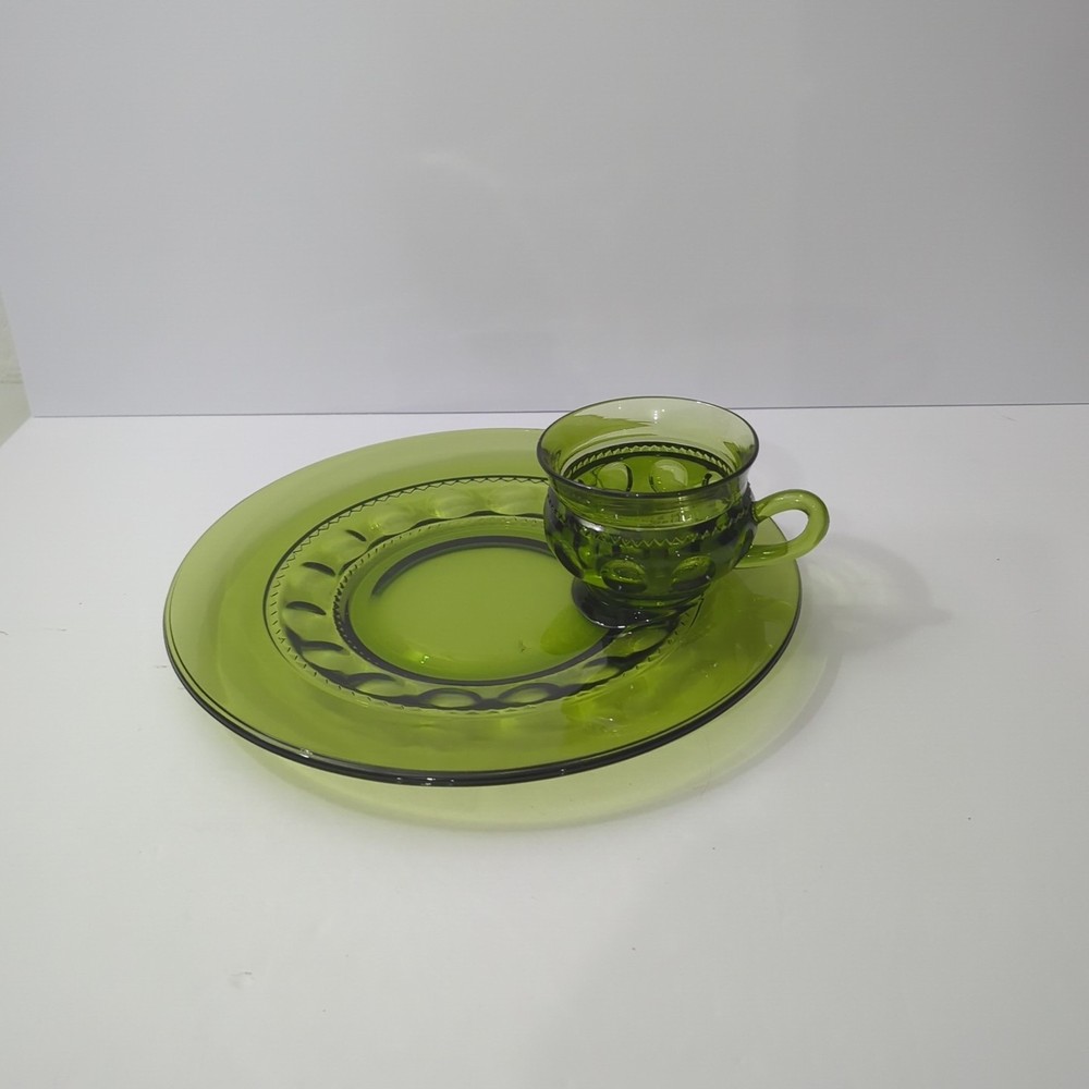 Vintage Indiana Glass Avocado Green Kings Crown Snack Plate Cup Thumbprint