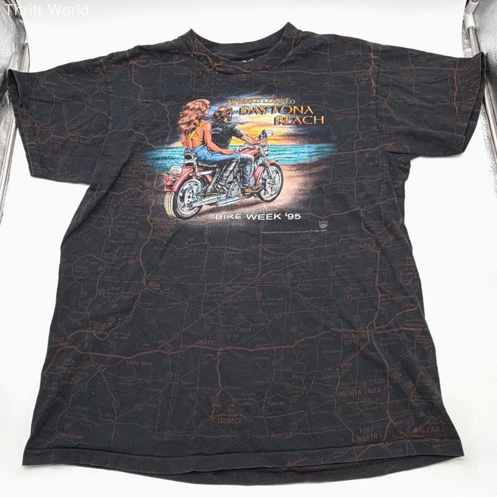 Vintage 1995 Daytona Beach Bike Week T-Shirt 3D Emblem All Over Print Map Sz L