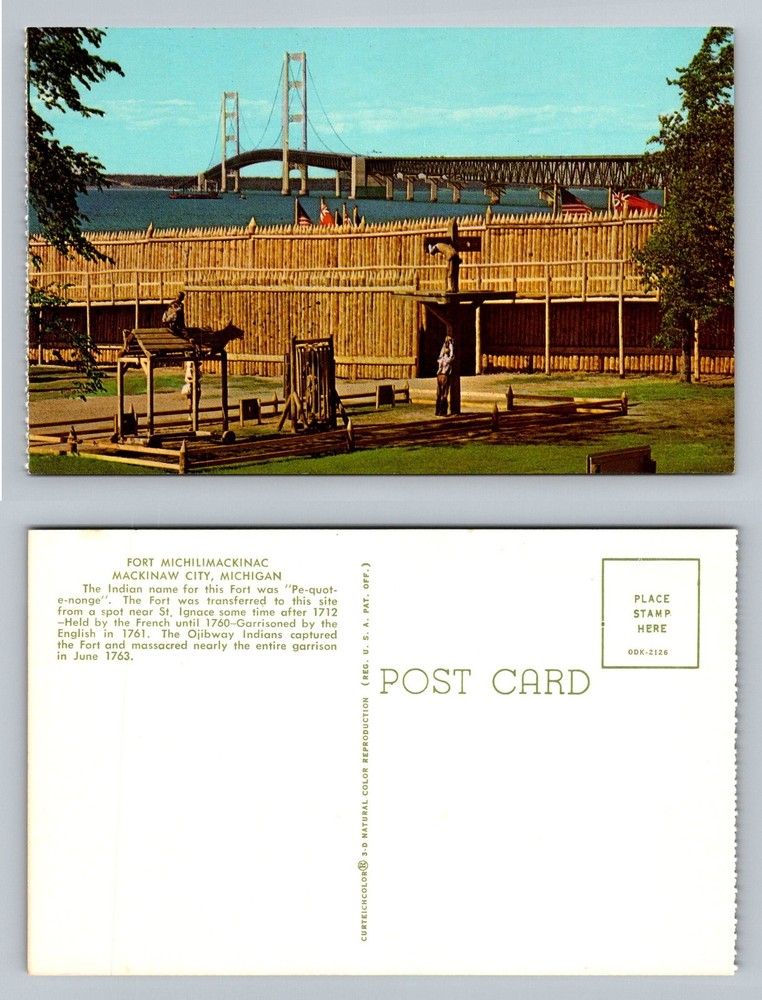 Mackinaw City, MI-Michigan Fort Michilimackinac Mackinac Bridge Vintage Postcard