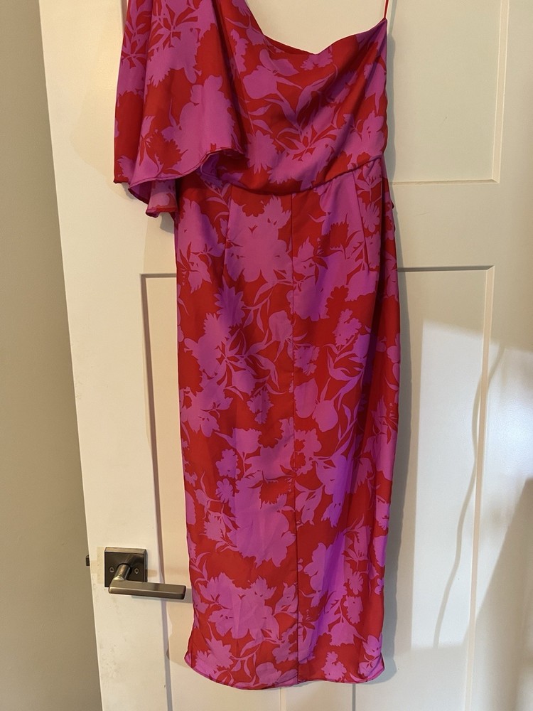DO+BE One Shoulder Floral Dress Size M Pink Red Faux Wrap Bottom Draped
