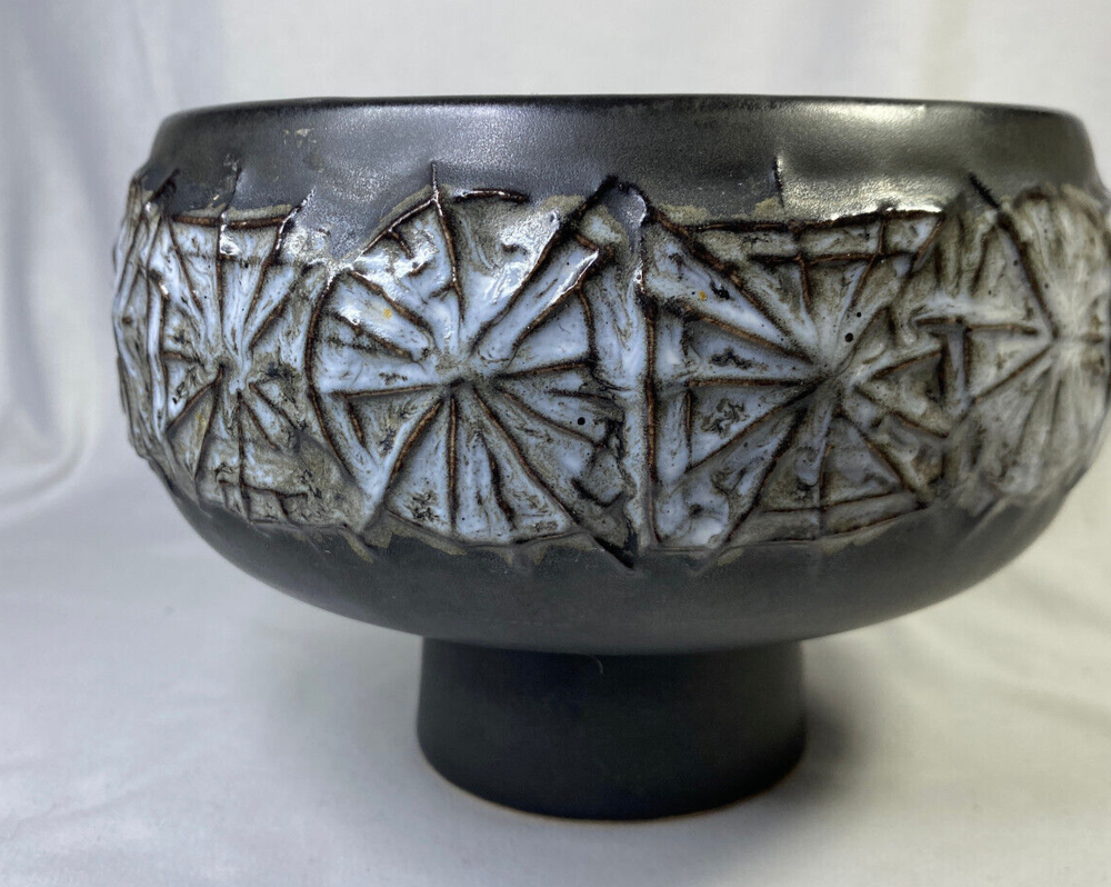 Mid Century Art Pottery Pedestal Bowl with Raised Relief Abstract Design  -image