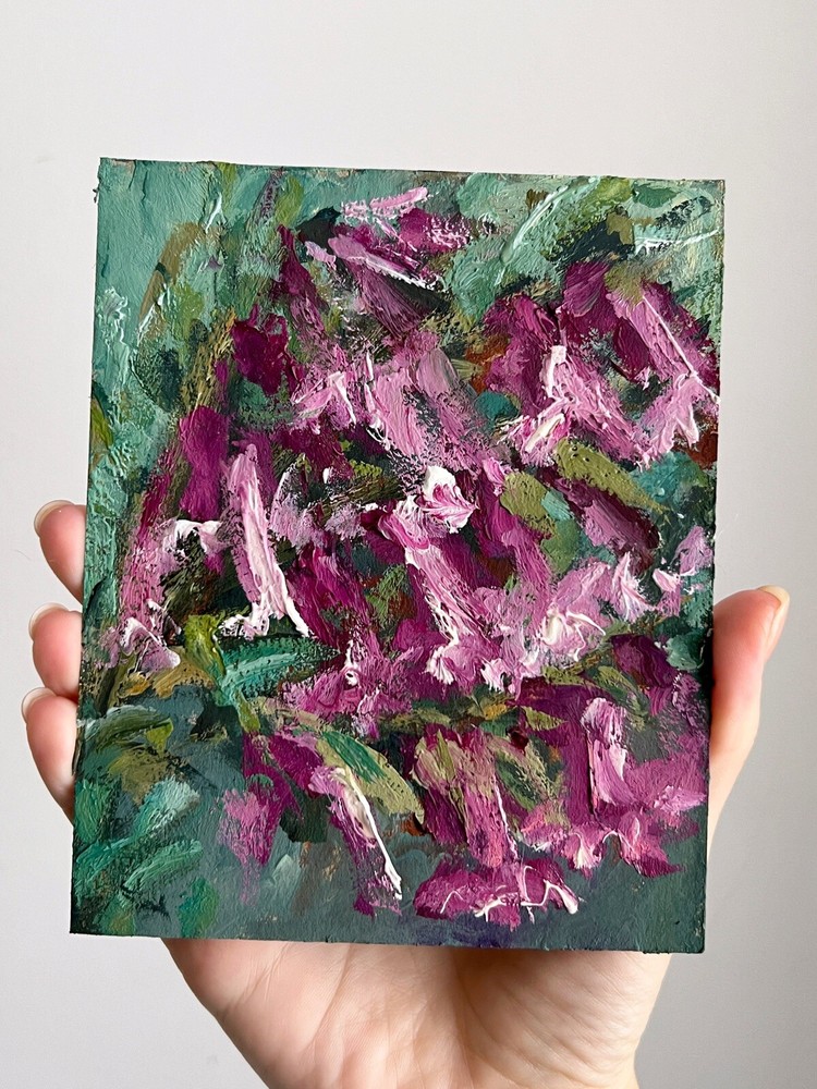 Floral Purple Flower Oil Painting Miniature Garden Art Original