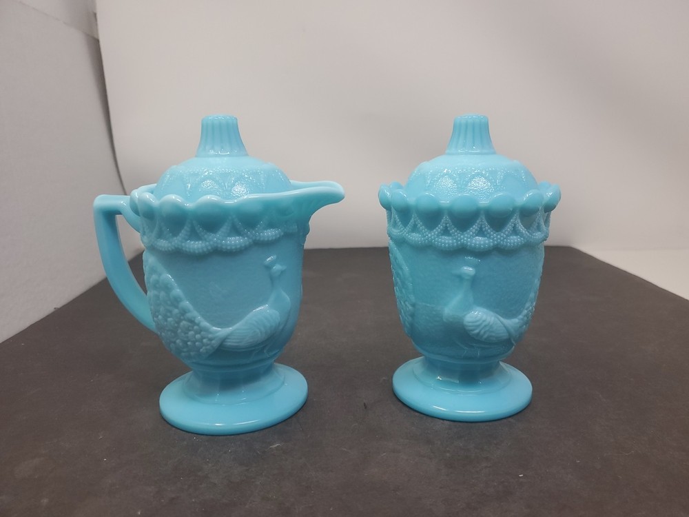 Westmoreland Turquoise Slag Glass Peacock Lidded Creamer and Sugar Set