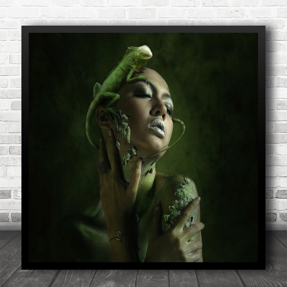 Green Chameleon Woman Pose Square Wall Art Print