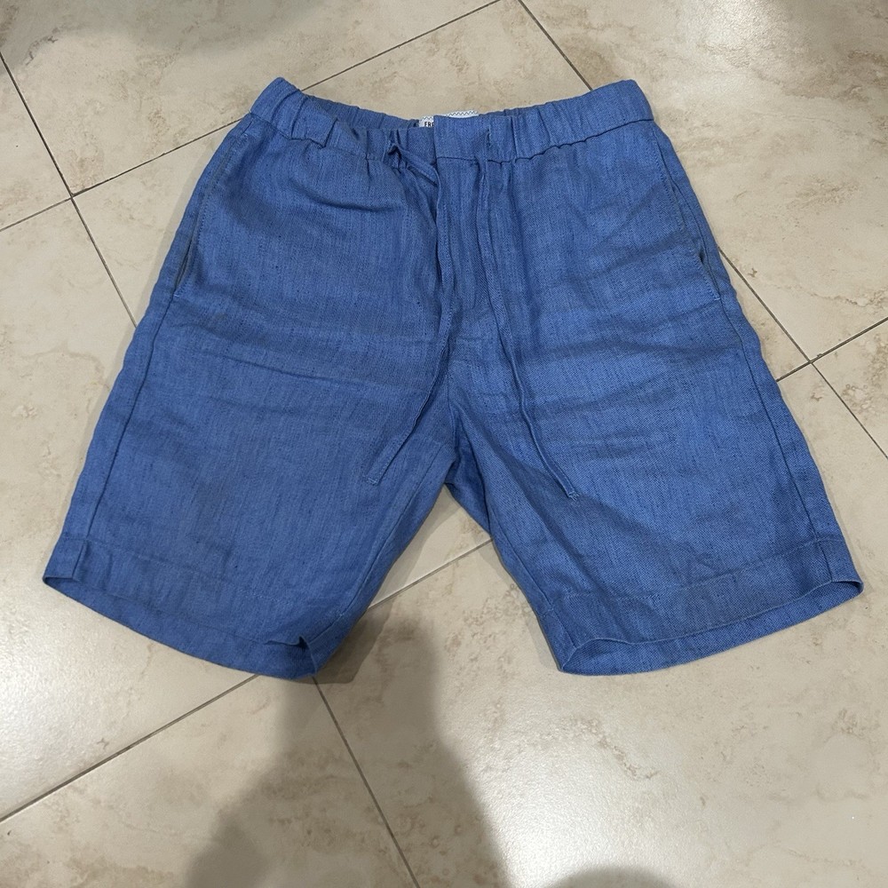 Frescobol Carioca Cotton Linen Blend Shorts Men 28 Blue Elastic Waist