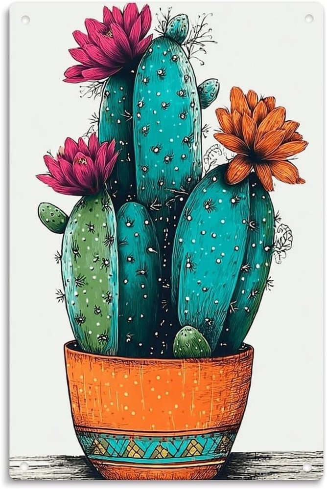 Colorful Cactus Potted Plant Metal Wall Sign Decor 8 X 12 Inch
