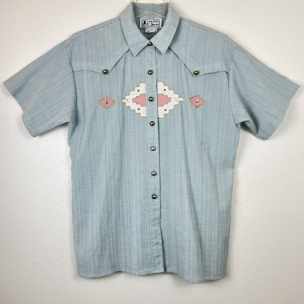 Vintage 70s Joyce JG Southwestern Embroidered Blue Short Sleeve Blouse