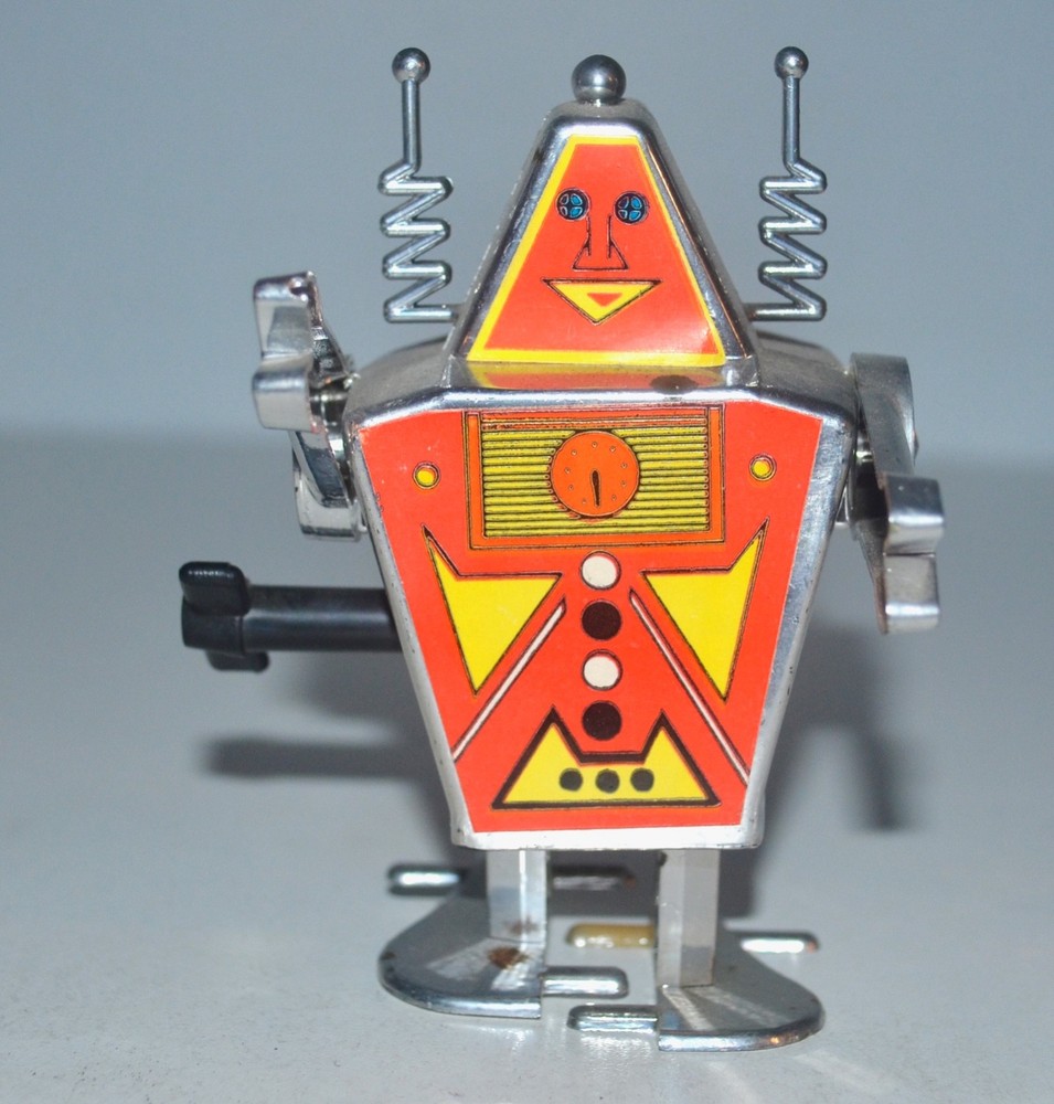 Vintage 1970s Chrome Plastic Futuristic Robot Wind-Up Walking Hong Kong