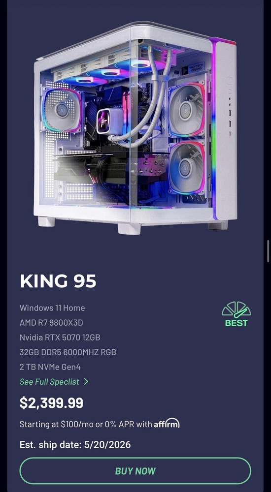 SkyTech KING 95 Gaming Desktop AMD R7 9800X3D RTX 5070 32GB 2TB SSD RGB White