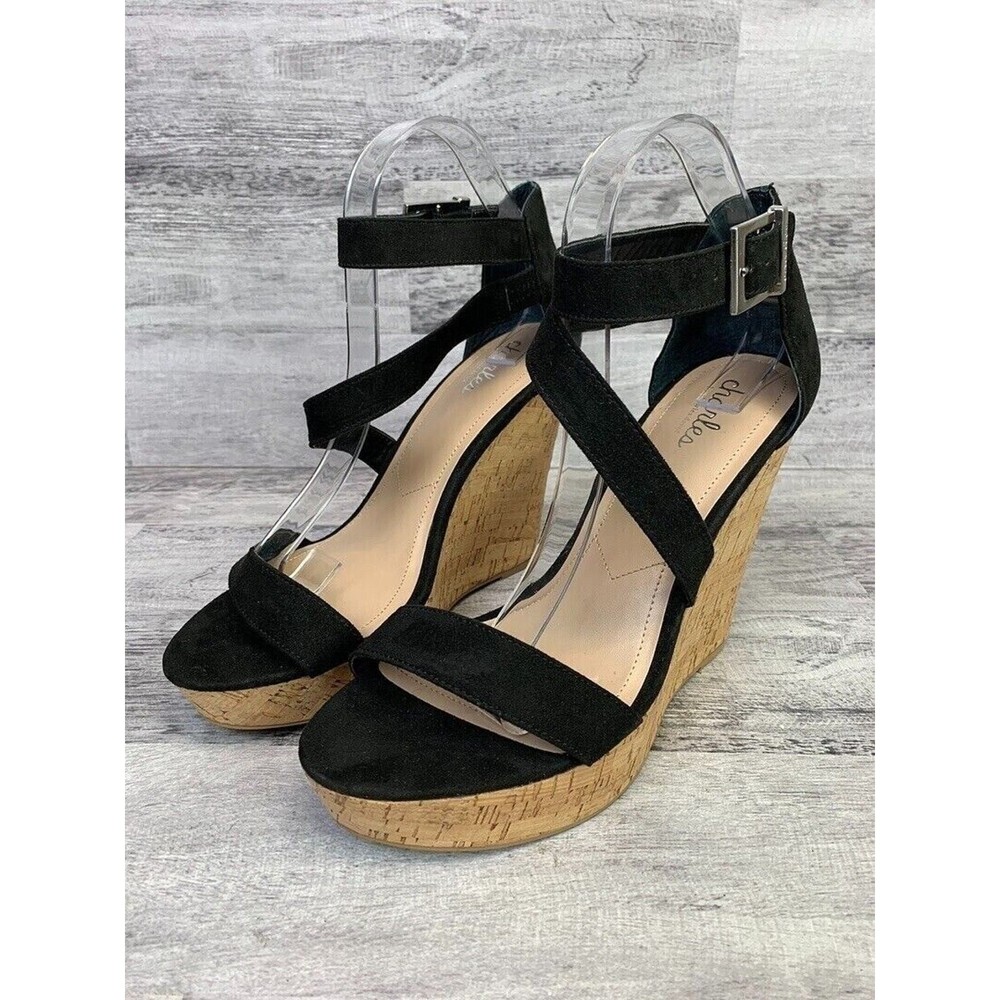 Charles By Charles David Black Suede Cork Wedge Sandals Womens Size 10M