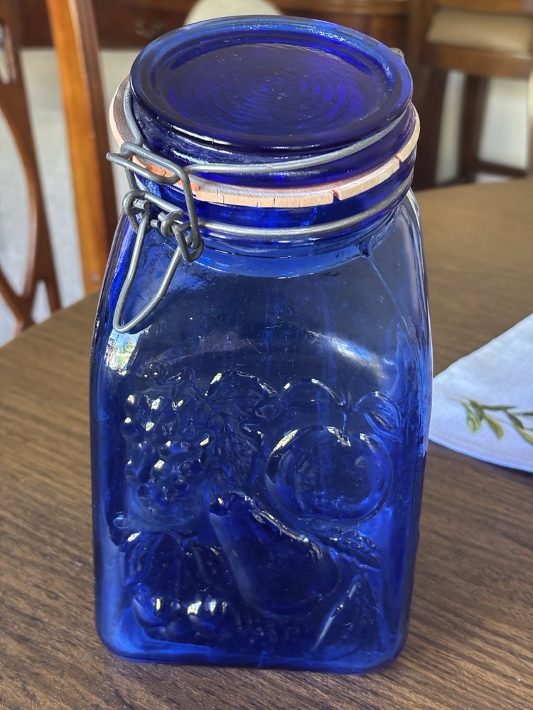 Casadis Milano Cobalt Blue Glass Canister With Hinge Lid 9” Fruit Embossed Farm