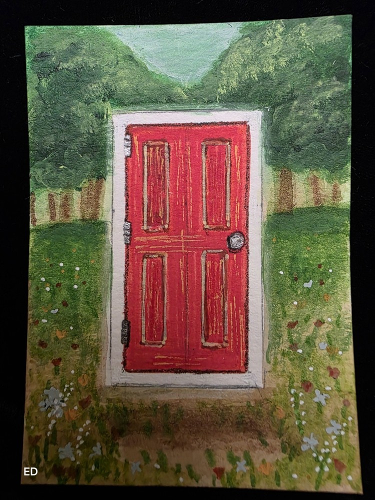 ACEO Original Red Door Green Landscape Original Fantasy Mysterious Whimsical